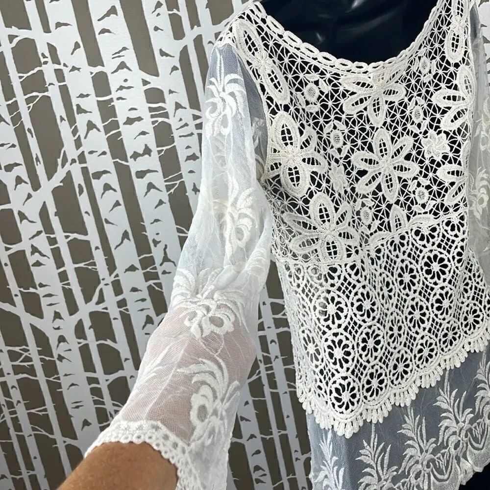 Boho Embroidered Lace & Mesh 3/4 Sleeve Top - Picture 8 of 14
